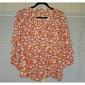 Willow Drive Split Neck Orange N Cream Leaf Print Top